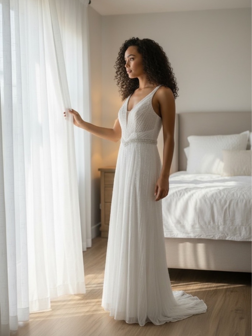 Prima Donna White V-Neck Beaded Waist Wedding Gown